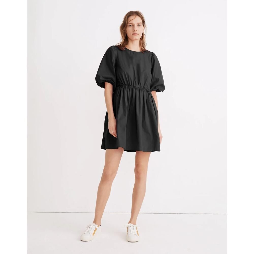Madewell Poplin Mini Dress Women's 6 Black Crewneck Bubble-Sleeve Elastic Waist